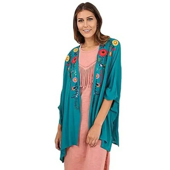 SOLD Umgee Blue Floral Embroidered Bohemian‎ Open Kimono Sz S/M - Picture 1 of 8